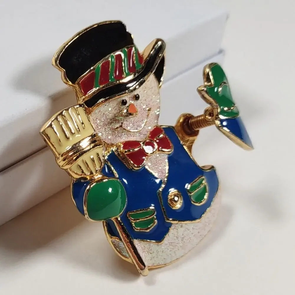 Vintage 90's Enamel SFJ Signed Waving Snowman Brooch